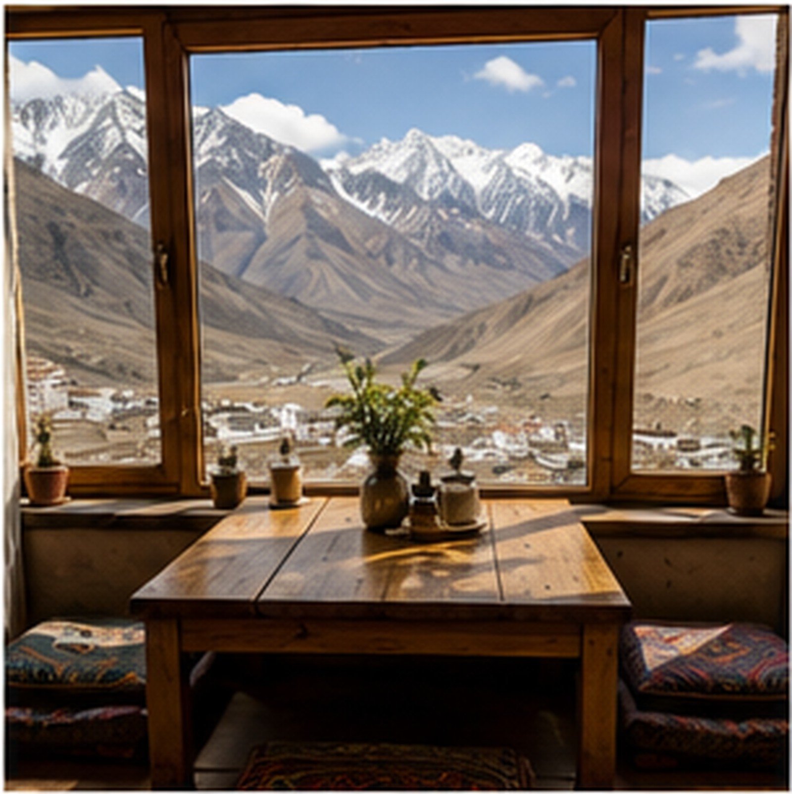 Interior seating with a mountain view at The Yak Table