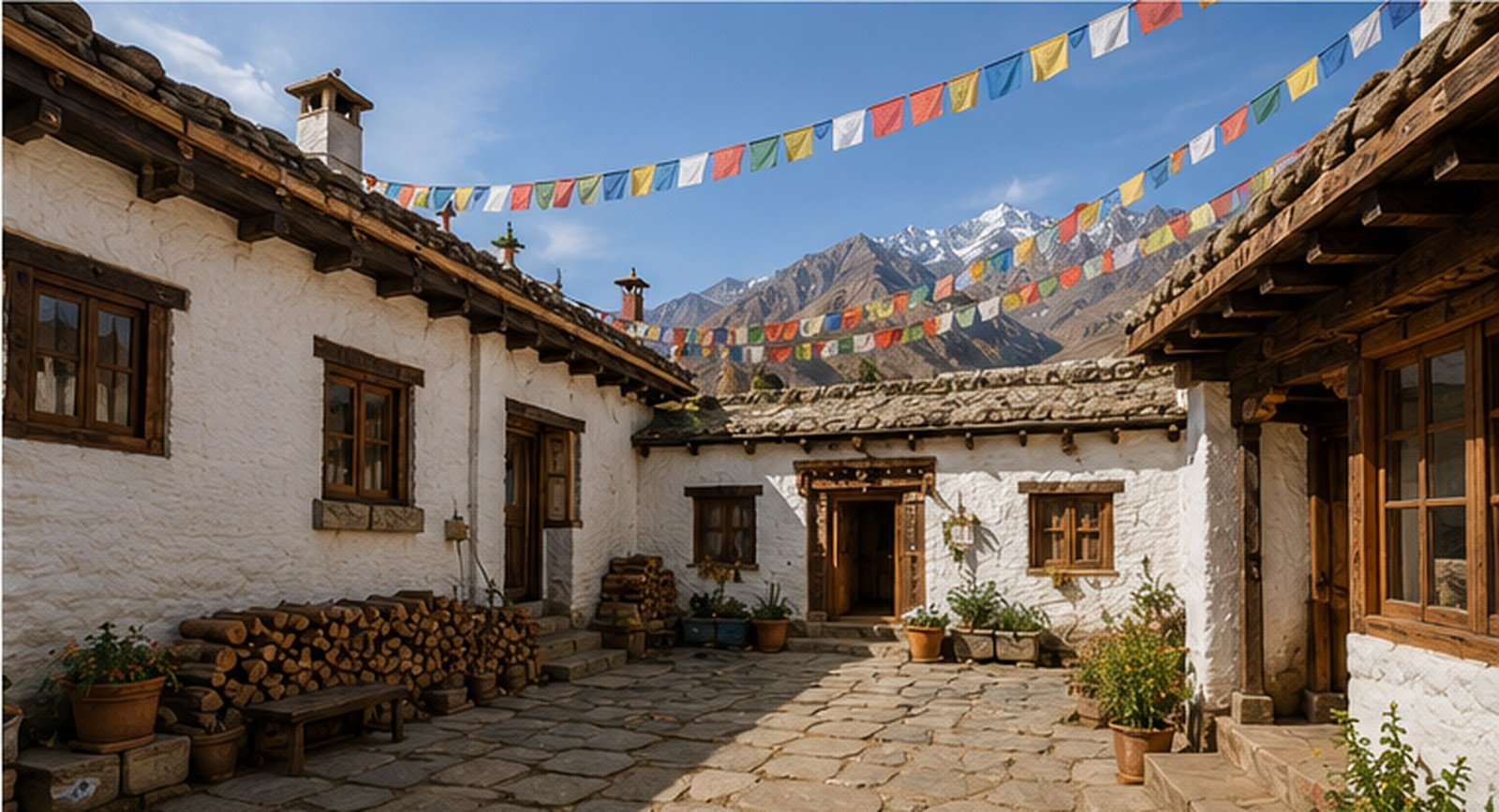The stone courtyard at The Hearth, strung with prayer flags